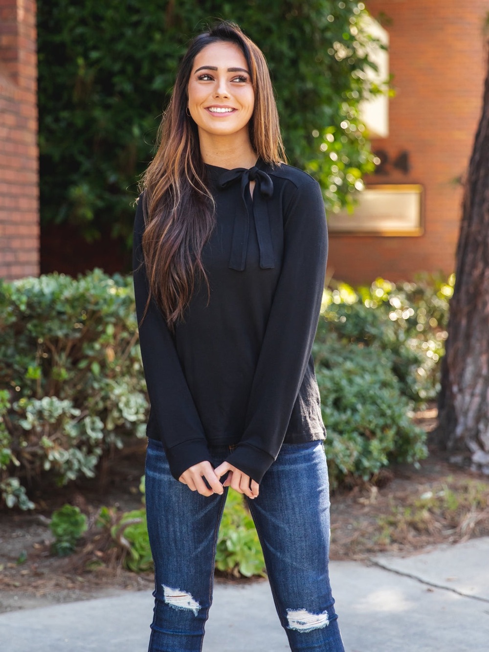 Tickled Teal Black Tie-Neck Sweatshirt